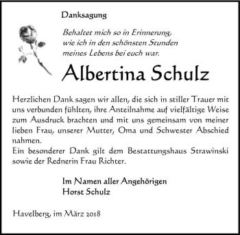 Traueranzeige von Albertina Schulz  von Magdeburger Volksstimme