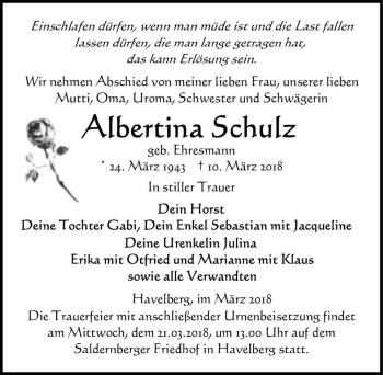 Traueranzeige von Albertina Schulz (geb. Ehresmann)  von Magdeburger Volksstimme