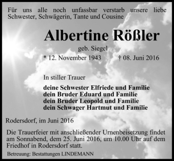 Traueranzeige von Albertine Rößler (geb. Siegel)  von Magdeburger Volksstimme