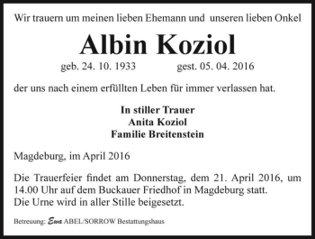 Traueranzeige von Albin Koziol  von Magdeburger Volksstimme