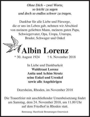 Traueranzeige von Albin Lorenz  von Magdeburger Volksstimme