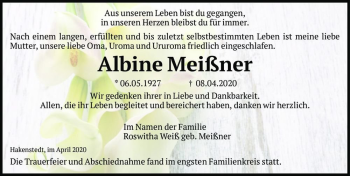 Traueranzeige von Albine Meißner  von Magdeburger Volksstimme