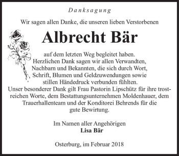 Traueranzeige von Albrecht Bär  von Magdeburger Volksstimme