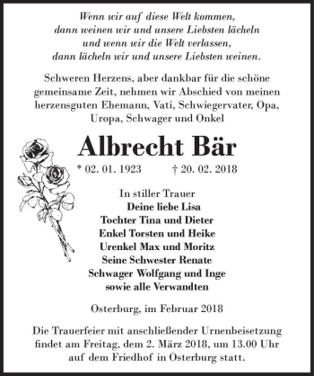 Traueranzeige von Albrecht Bär  von Magdeburger Volksstimme