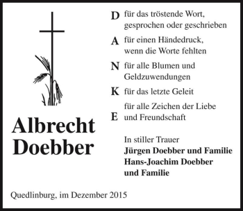 Traueranzeige von Albrecht Doebber  von Magdeburger Volksstimme