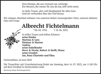 Traueranzeige von Albrecht Fichtelmann  von Magdeburger Volksstimme