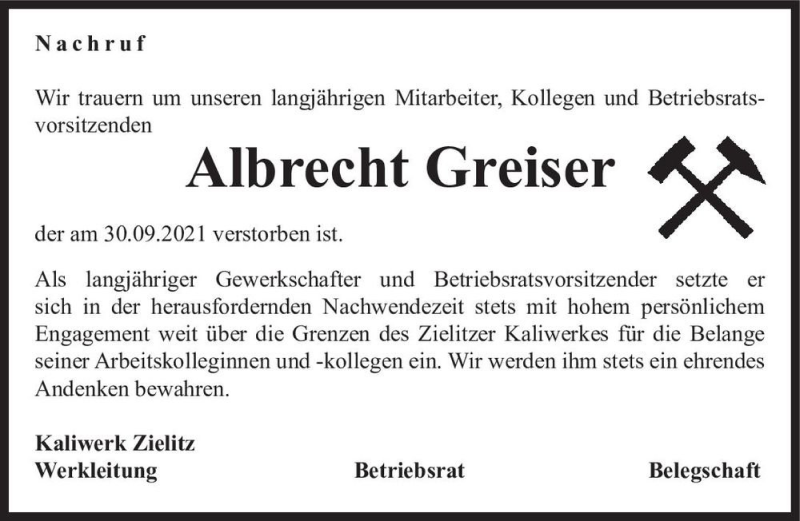  Traueranzeige für Albrecht Greiser  vom 28.10.2021 aus Magdeburger Volksstimme