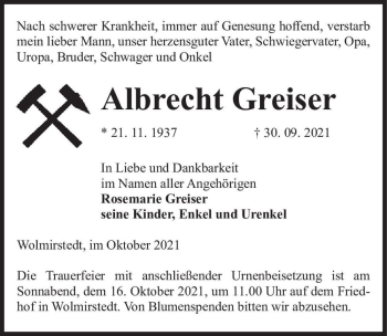 Traueranzeige von Albrecht Greiser  von Magdeburger Volksstimme