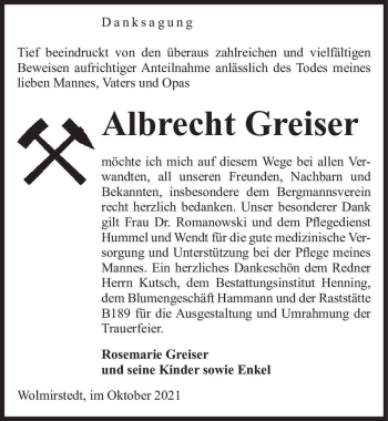 Traueranzeige von Albrecht Greiser  von Magdeburger Volksstimme
