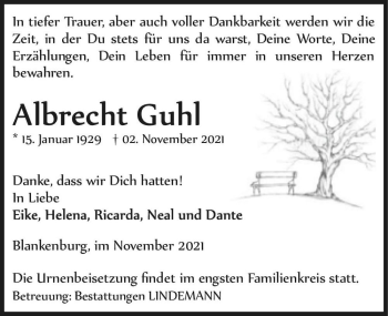 Traueranzeige von Albrecht Guhl  von Magdeburger Volksstimme