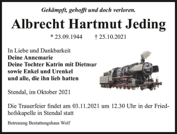 Traueranzeige von Albrecht Hartmut Jeding  von Magdeburger Volksstimme