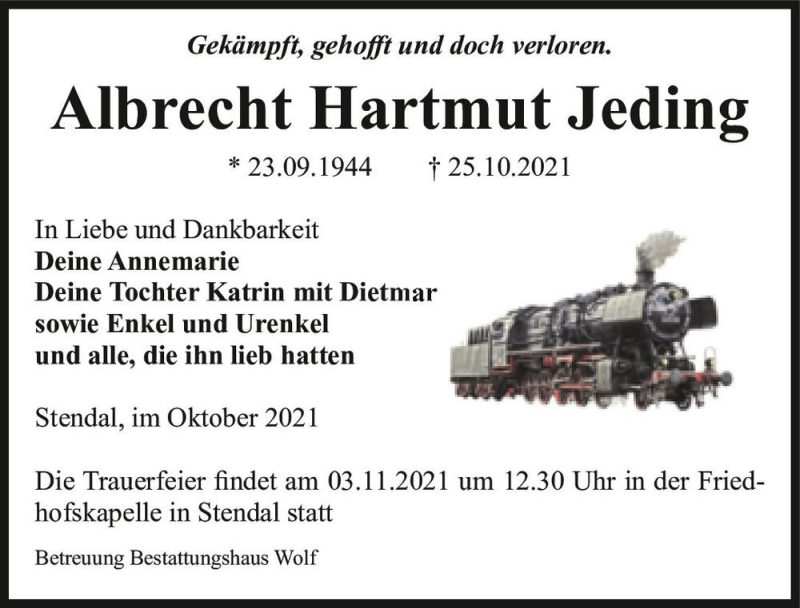  Traueranzeige für Albrecht Hartmut Jeding  vom 30.10.2021 aus Magdeburger Volksstimme
