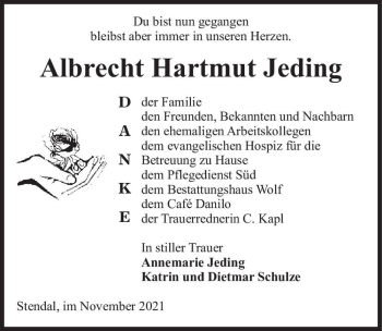 Traueranzeige von Albrecht Hartmut Jeding  von Magdeburger Volksstimme