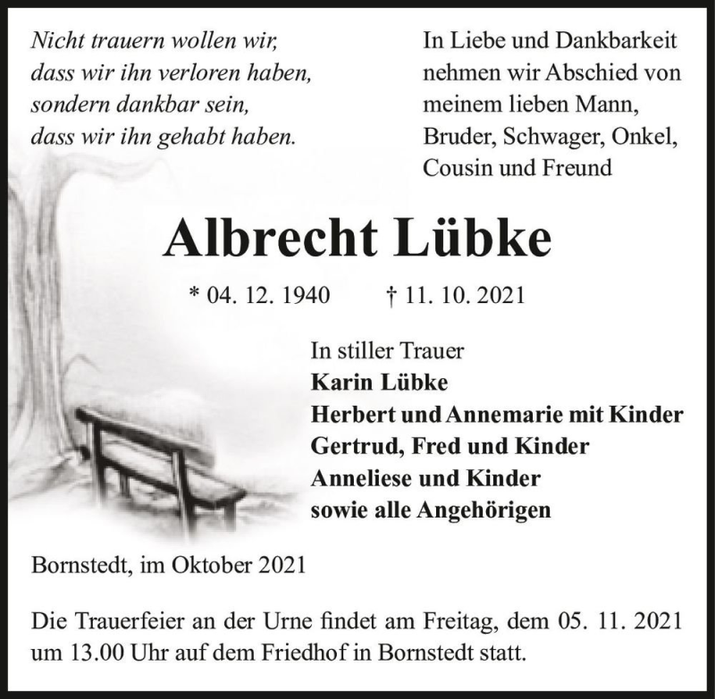 Traueranzeige für Albrecht Lübke  vom 23.10.2021 aus Magdeburger Volksstimme