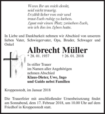 Traueranzeige von Albrecht Müller  von Magdeburger Volksstimme