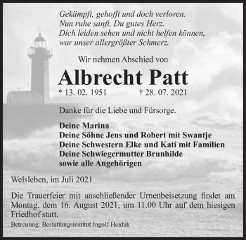 Traueranzeige von Albrecht Patt  von Magdeburger Volksstimme
