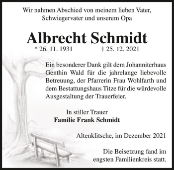 Traueranzeige von Albrecht Schmidt  von Magdeburger Volksstimme