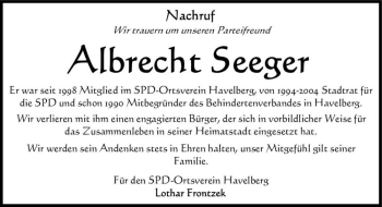 Traueranzeige von Albrecht Seeger  von Magdeburger Volksstimme