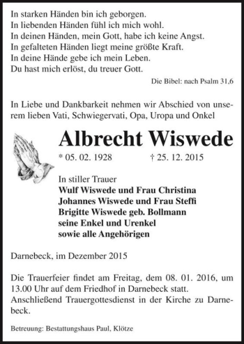 Traueranzeige von Albrecht Wiswede  von Magdeburger Volksstimme