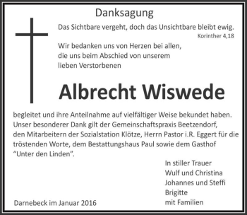 Traueranzeige von Albrecht Wiswede  von Magdeburger Volksstimme