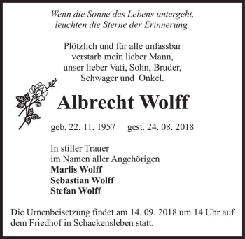 Traueranzeige von Albrecht Wolff  von Magdeburger Volksstimme