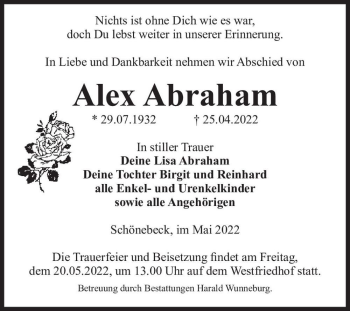 Traueranzeige von Alex Abraham  von Magdeburger Volksstimme