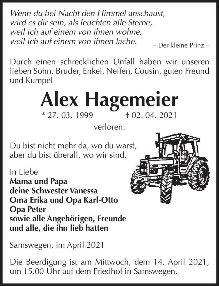  Traueranzeige für Alex Hagemeier  vom 10.04.2021 aus Magdeburger Volksstimme