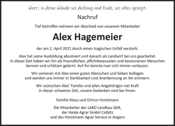 Traueranzeige von Alex Hagemeier  von Magdeburger Volksstimme