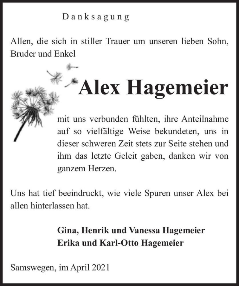 Traueranzeige für Alex Hagemeier  vom 24.04.2021 aus Magdeburger Volksstimme