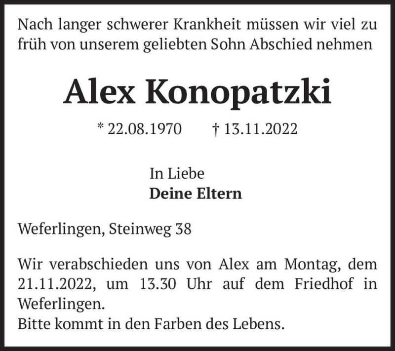  Traueranzeige für Alex Konopatzki  vom 16.11.2022 aus Magdeburger Volksstimme