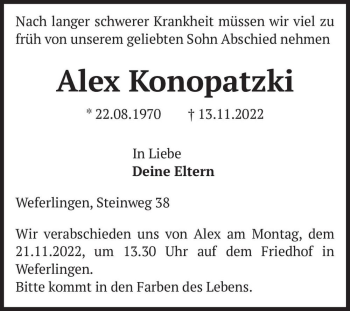 Traueranzeige von Alex Konopatzki  von Magdeburger Volksstimme