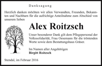 Traueranzeige von Alex Roitzsch  von Magdeburger Volksstimme