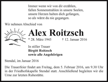 Traueranzeige von Alex Roitzsch  von Magdeburger Volksstimme
