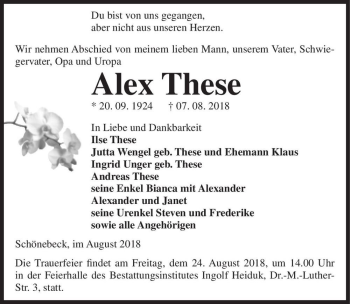 Traueranzeige von Alex These  von Magdeburger Volksstimme