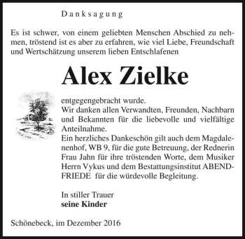 Traueranzeige von Alex Zielke  von Magdeburger Volksstimme