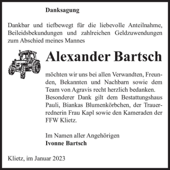 Traueranzeige von Alexander Bartsch  von Magdeburger Volksstimme