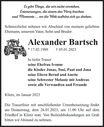 Traueranzeige von Alexander Bartsch  von Magdeburger Volksstimme