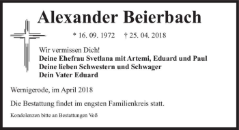 Traueranzeige von Alexander Beierbach  von Magdeburger Volksstimme