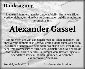 Traueranzeige von Alexander Gassel  von Magdeburger Volksstimme