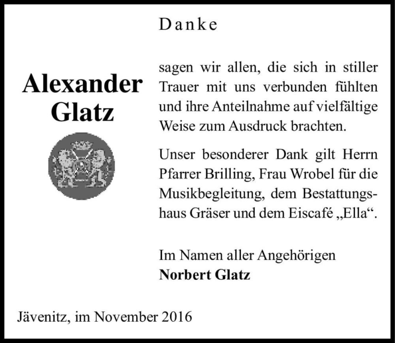  Traueranzeige für Alexander Glatz  vom 11.11.2016 aus Magdeburger Volksstimme