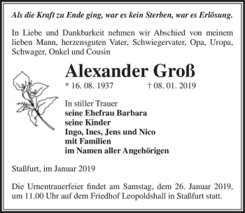 Traueranzeige von Alexander Groß  von Magdeburger Volksstimme