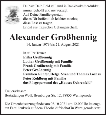 Traueranzeige von Alexander Großhennig  von Magdeburger Volksstimme