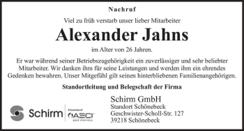 Traueranzeige von Alexander Jahns  von Magdeburger Volksstimme