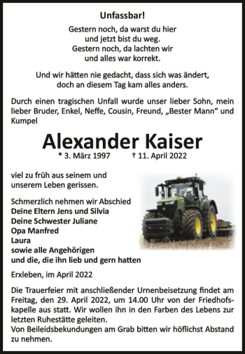 Traueranzeige von Alexander Kaiser  von Magdeburger Volksstimme