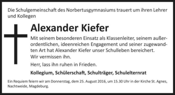 Traueranzeige von Alexander Kiefer  von Magdeburger Volksstimme