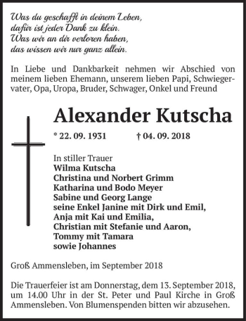 Traueranzeige von Alexander Kutscha  von Magdeburger Volksstimme