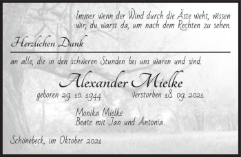 Traueranzeige von Alexander Mielke  von Magdeburger Volksstimme