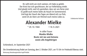 Traueranzeige von Alexander Mielke  von Magdeburger Volksstimme