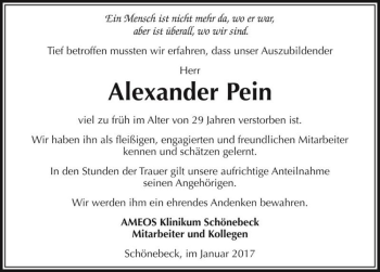 Traueranzeige von Alexander Pein  von Magdeburger Volksstimme