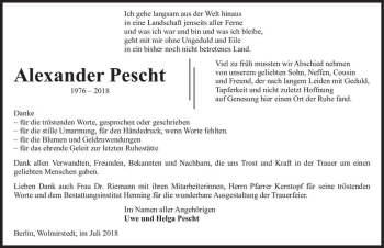 Traueranzeige von Alexander Pescht  von Magdeburger Volksstimme